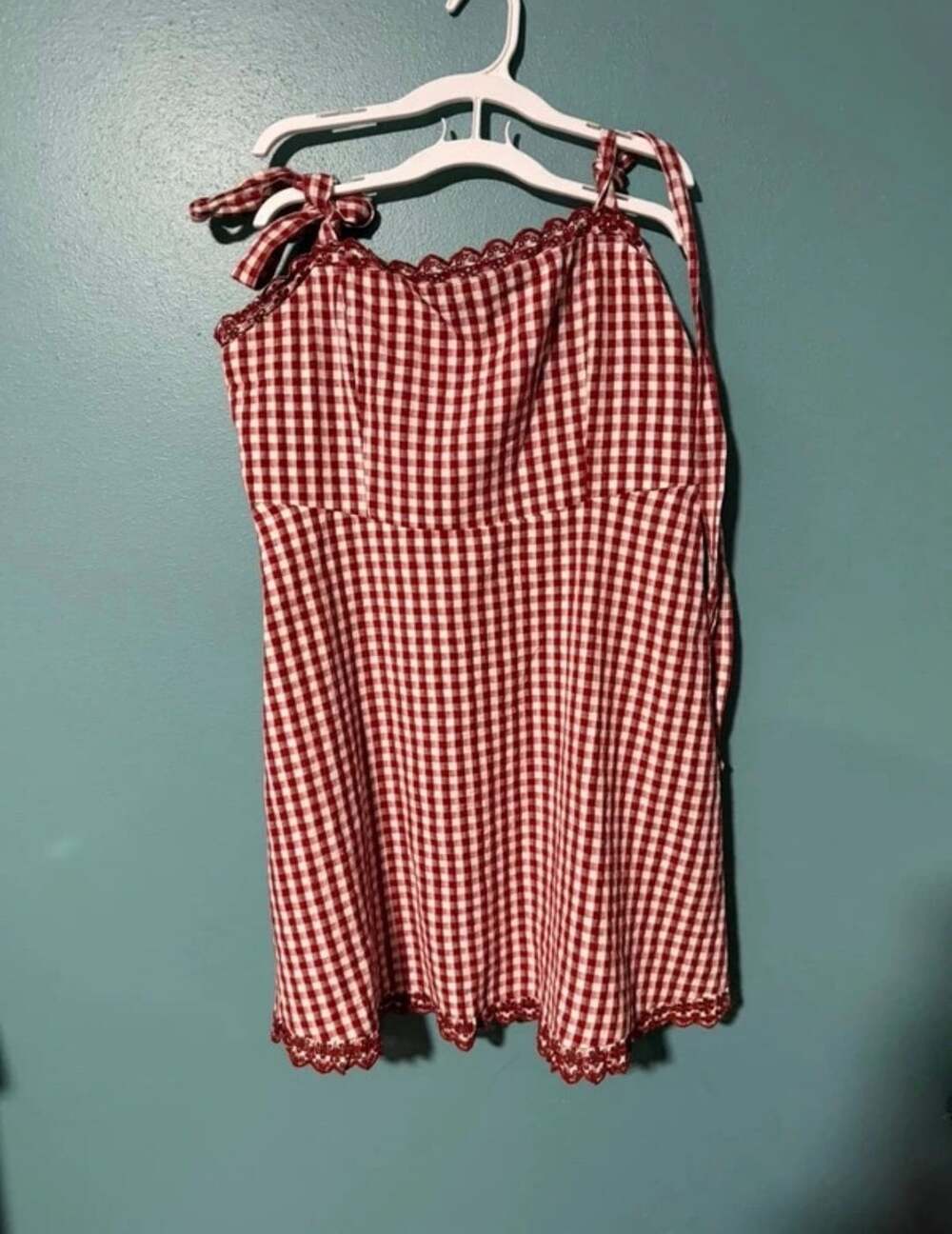 American Eagle Gingham Tie Shoulder Dress Size L Red White Mini
